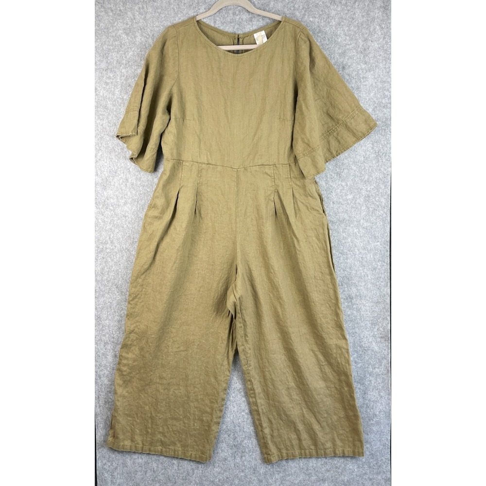 Uncle Frank Linen Wide Leg Jumpsuit Womens Large Green Crop Minimal Coastal Boho